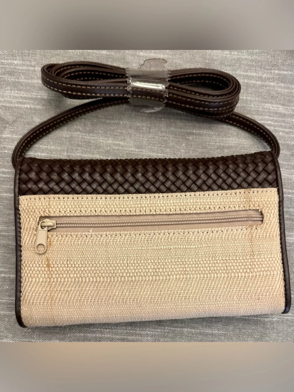 Avon Brown Woven Accent Beige Canvas Crossbody Wallet